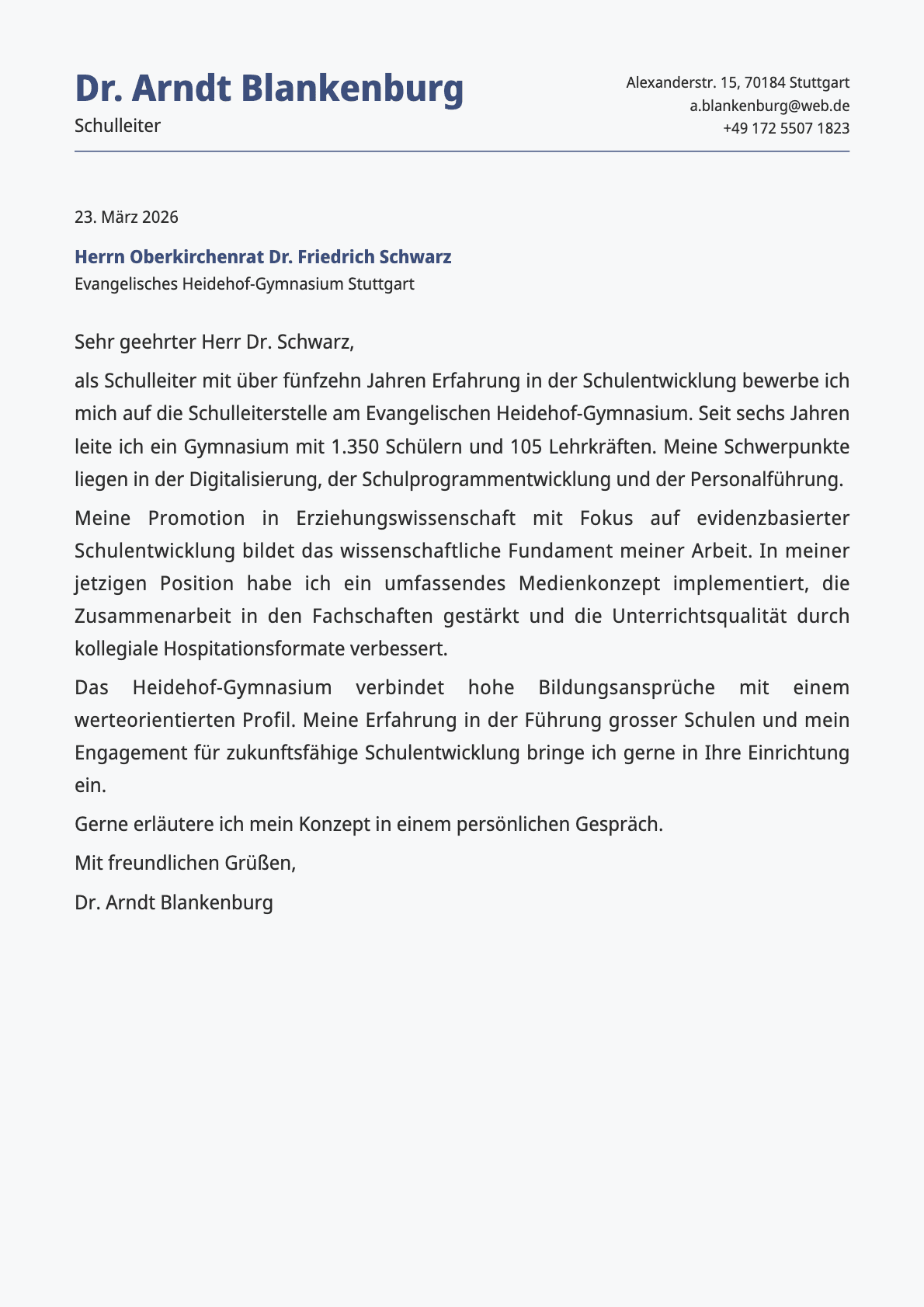 Schulleiter cover letter example