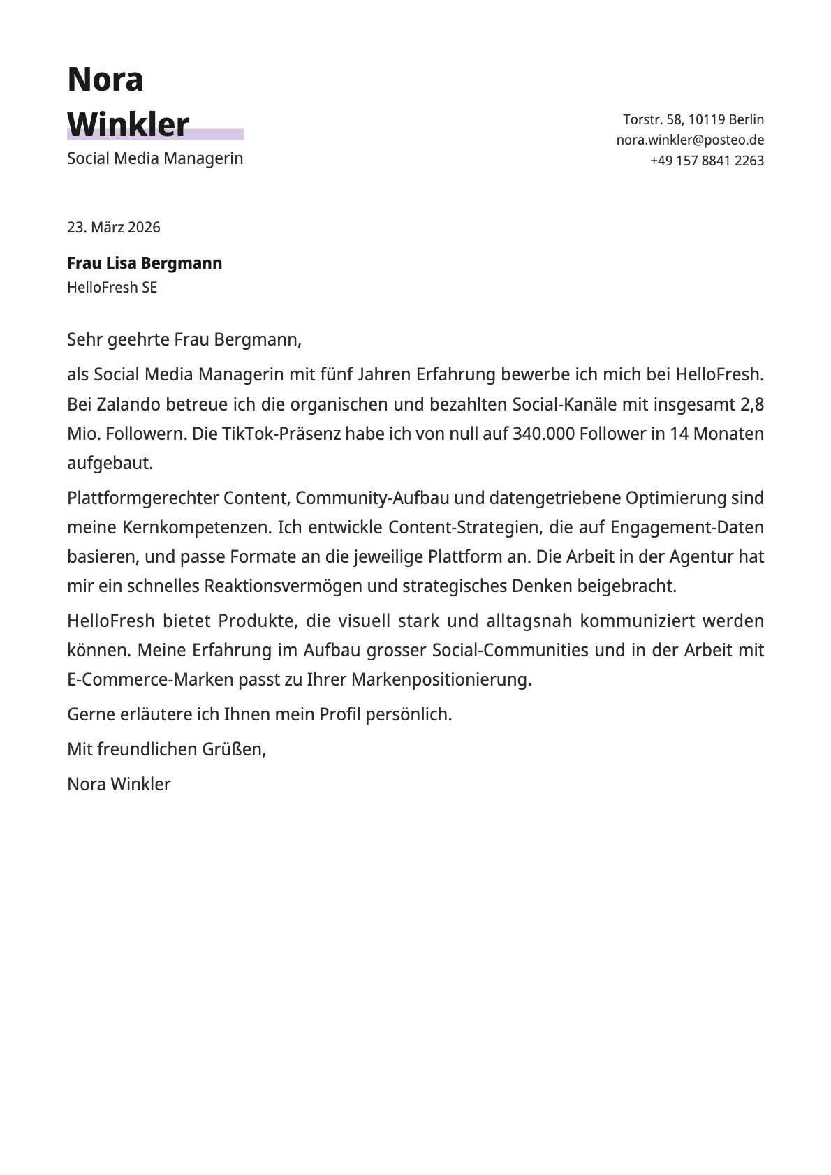 Social Media Manager cover letter example