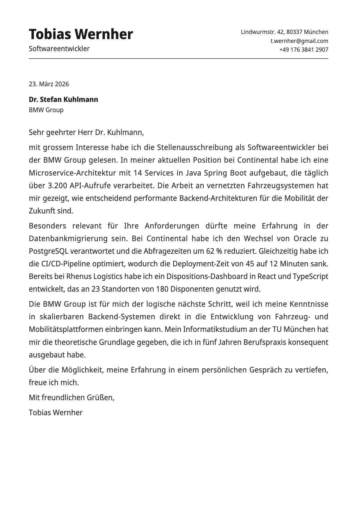 Softwareentwickler cover letter example