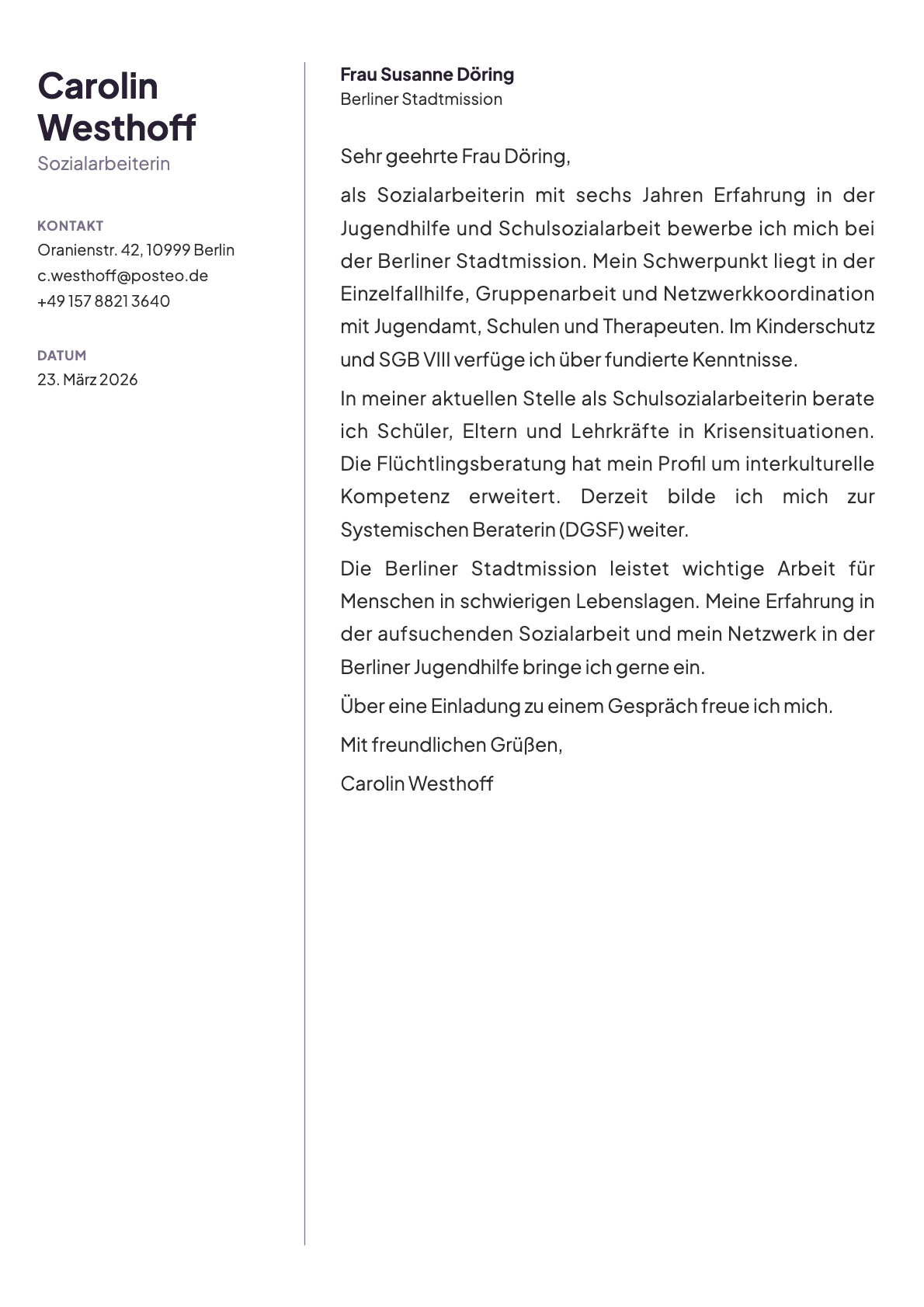 Sozialarbeiter cover letter example