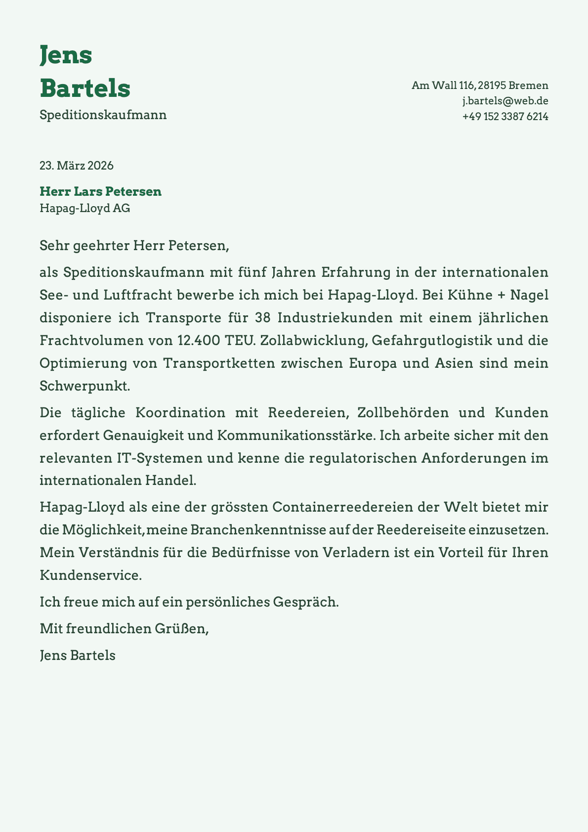 Speditionskaufmann cover letter example