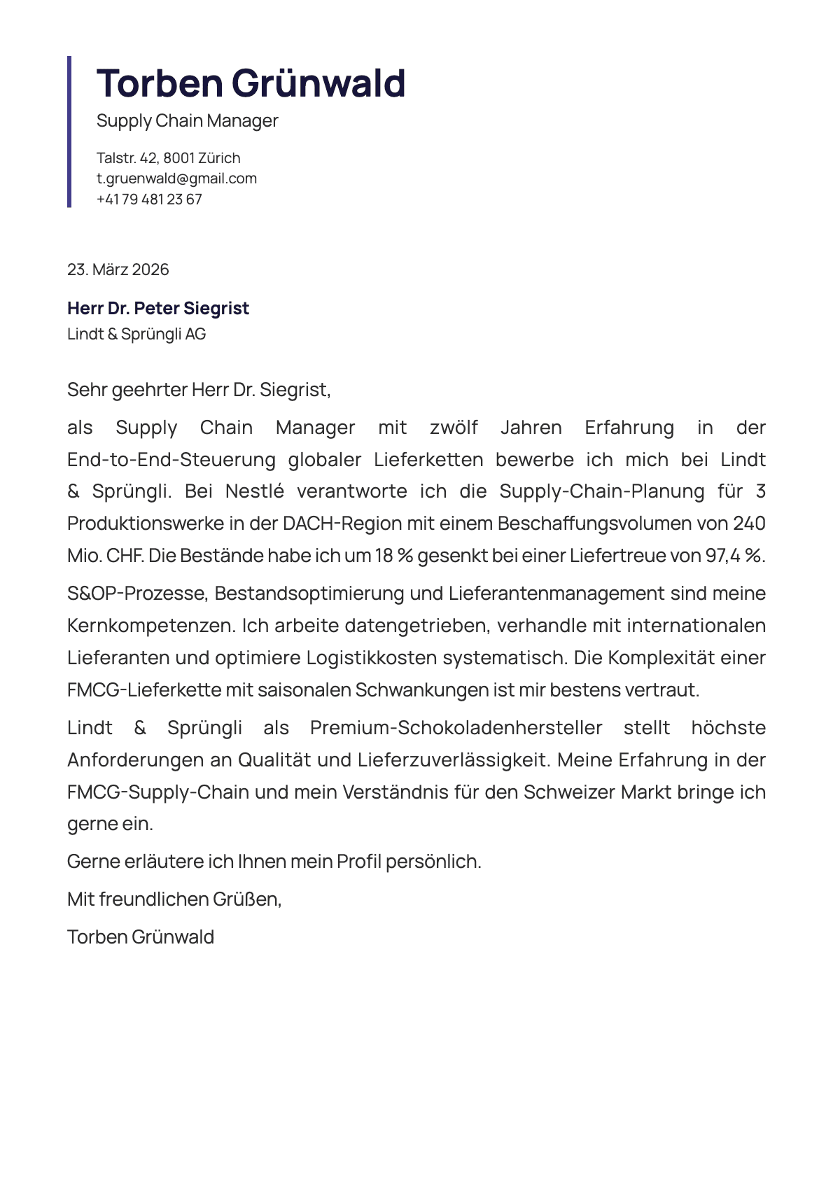 Supply Chain Manager cover letter example