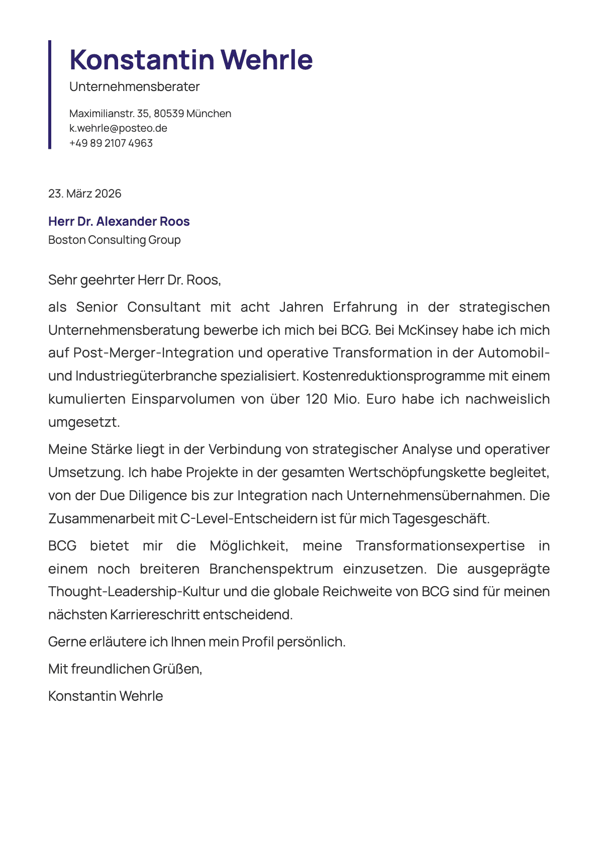 Unternehmensberater cover letter example