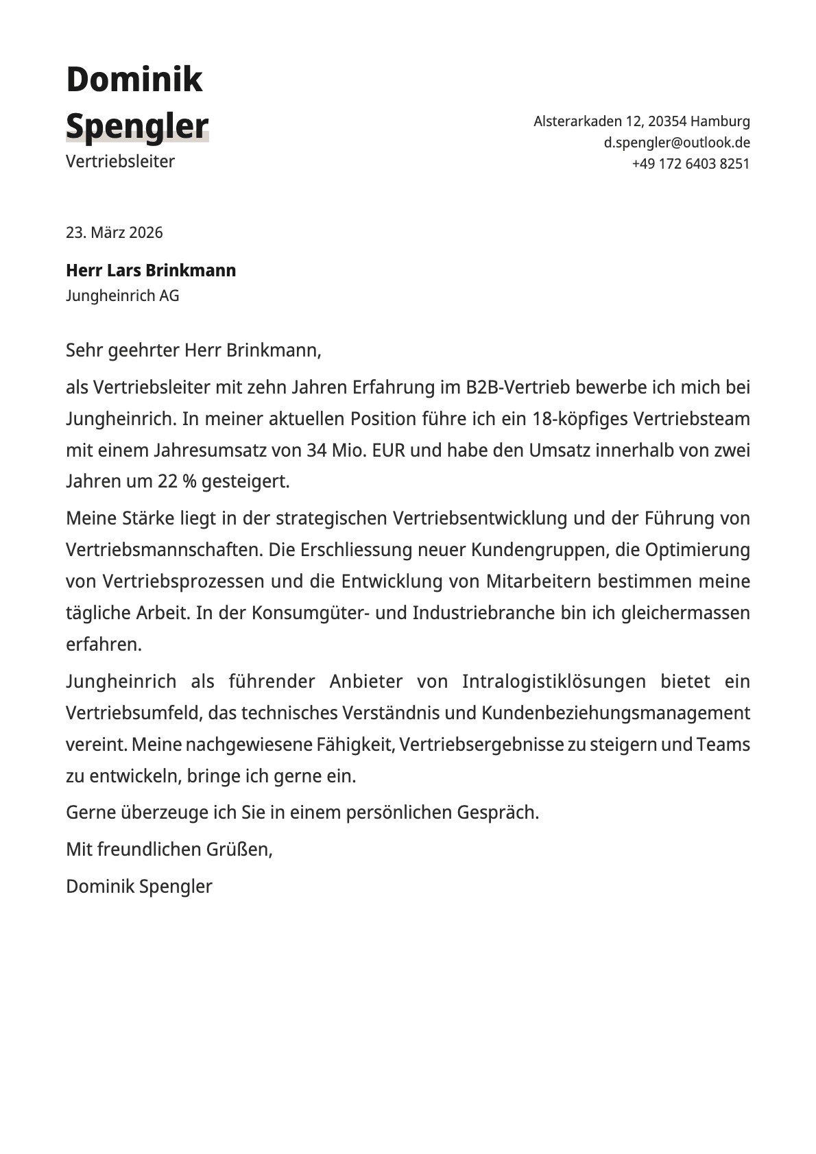 Vertriebsleiter cover letter example