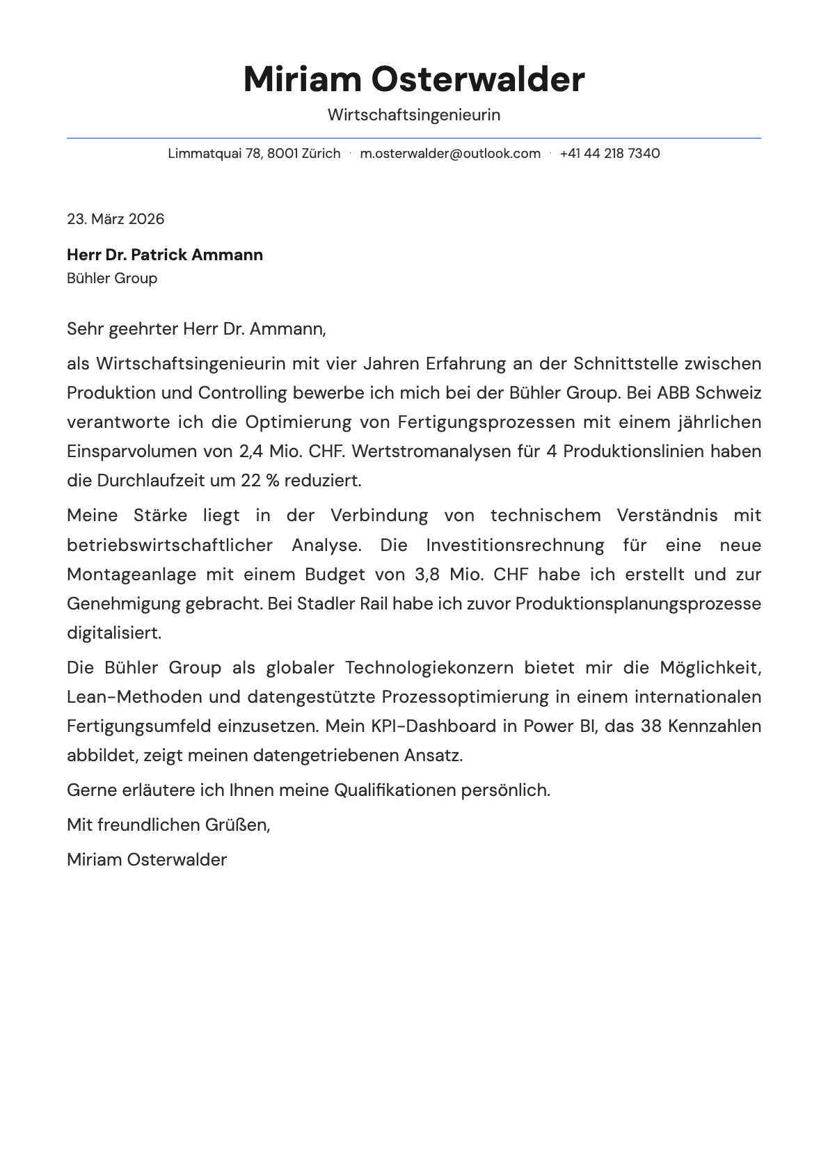 Wirtschaftsingenieur cover letter example