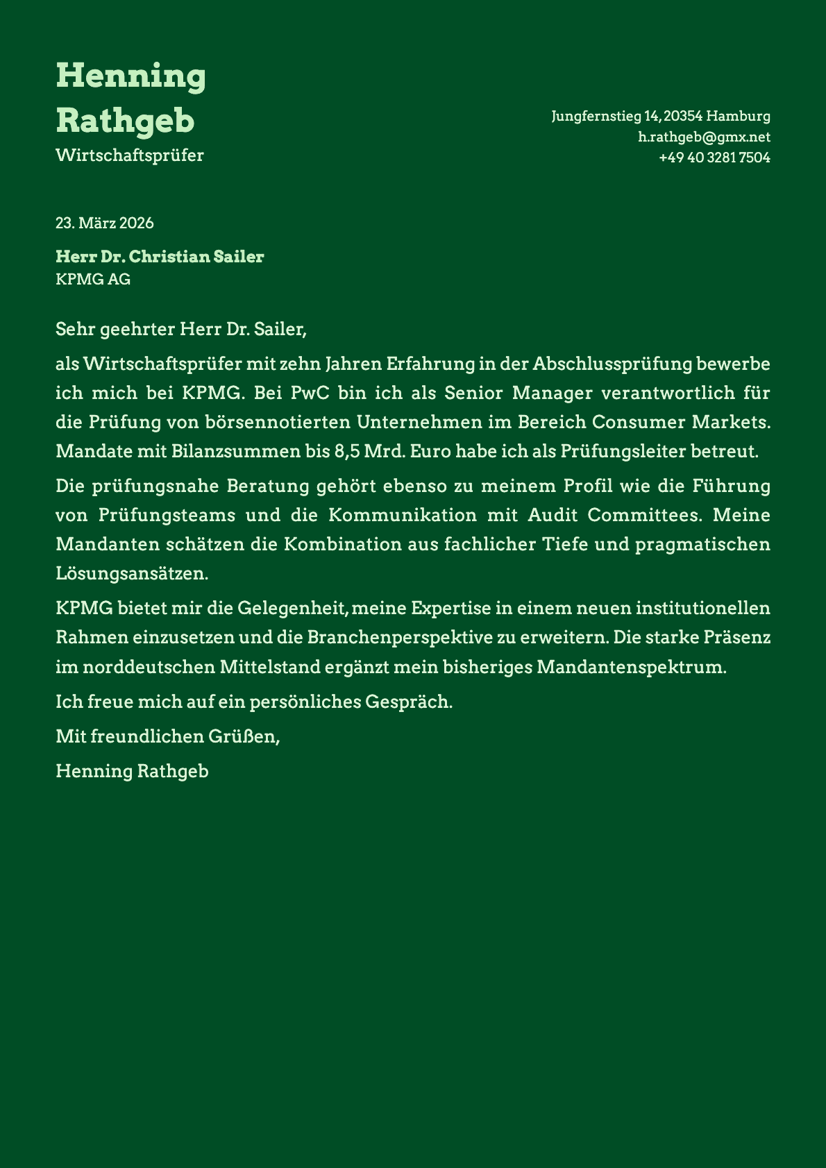 Wirtschaftsprüfer cover letter example