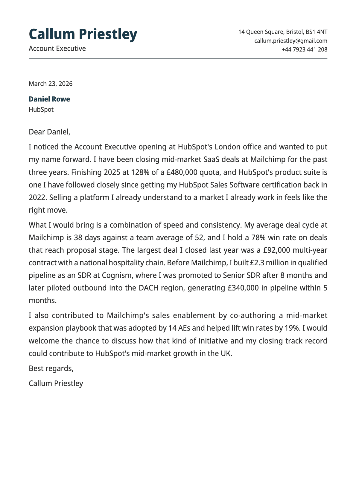 Account Executive cover letter example