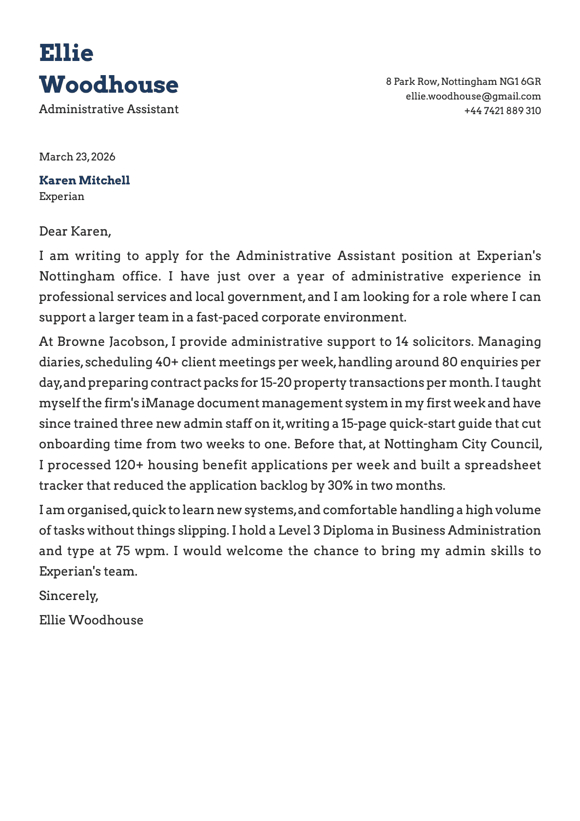 Administrative Assistant cover letter example
