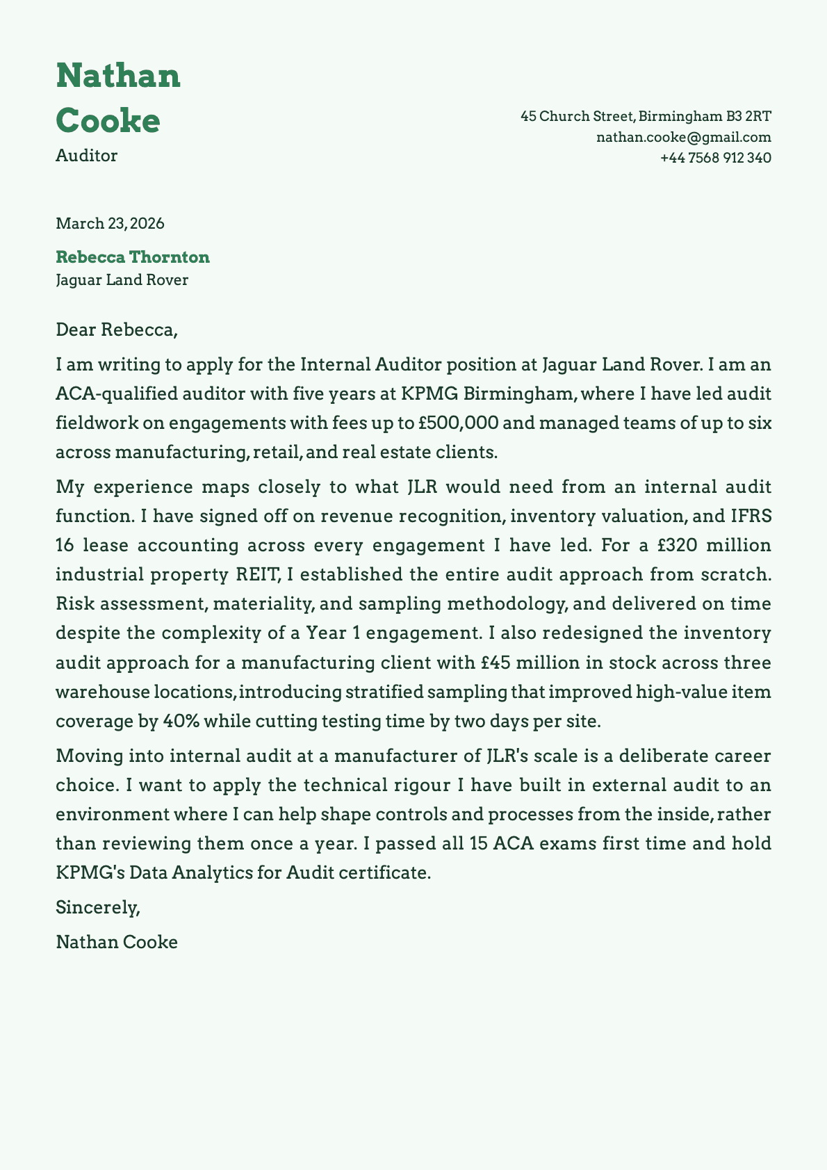 Auditor cover letter example