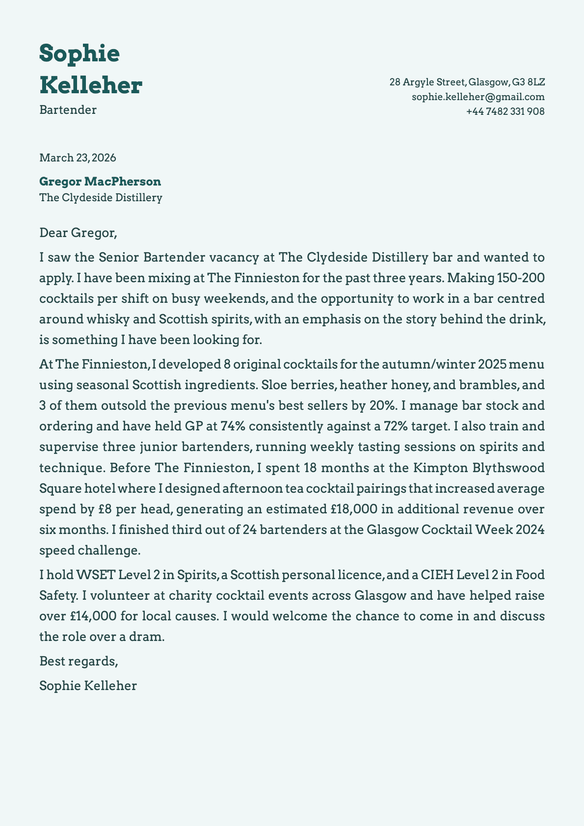 Bartender cover letter example