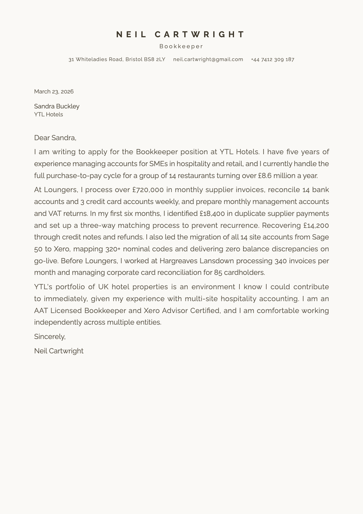 Bookkeeper cover letter example