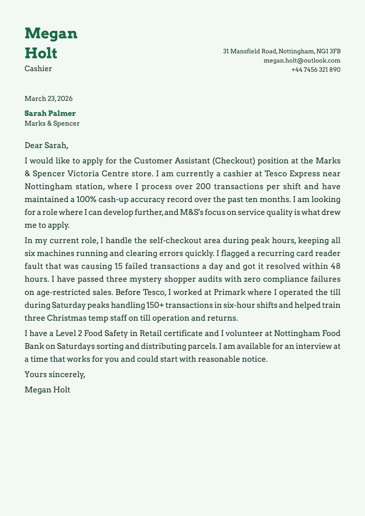 Cashier cover letter example