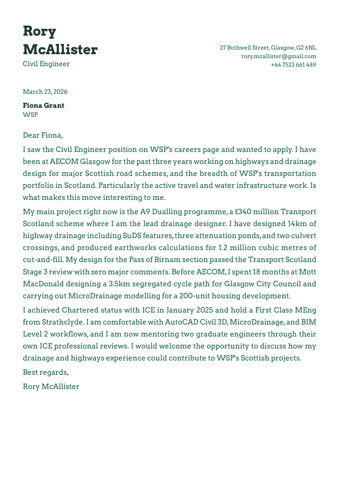 Civil Engineer cover letter example