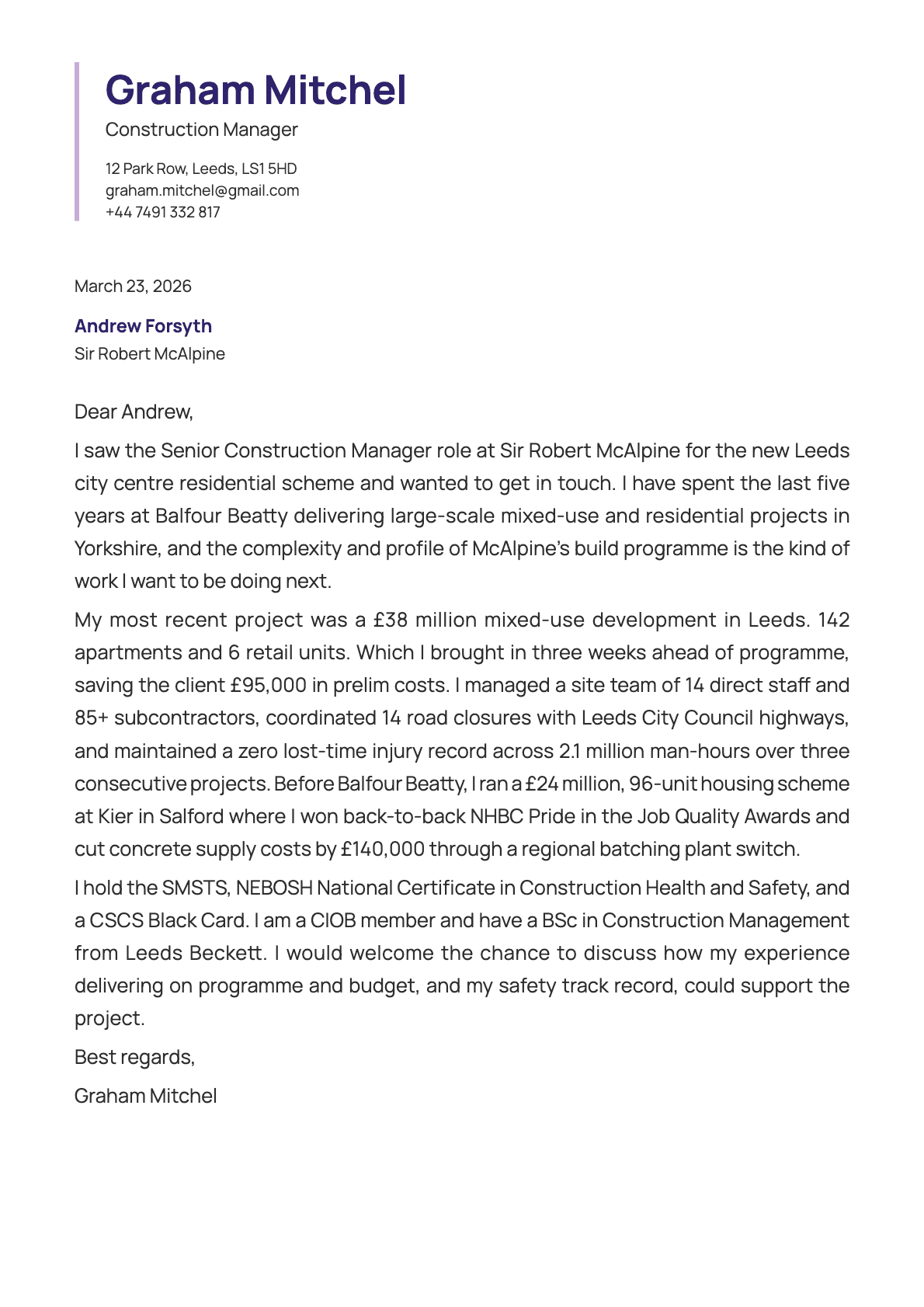 Construction Manager cover letter example