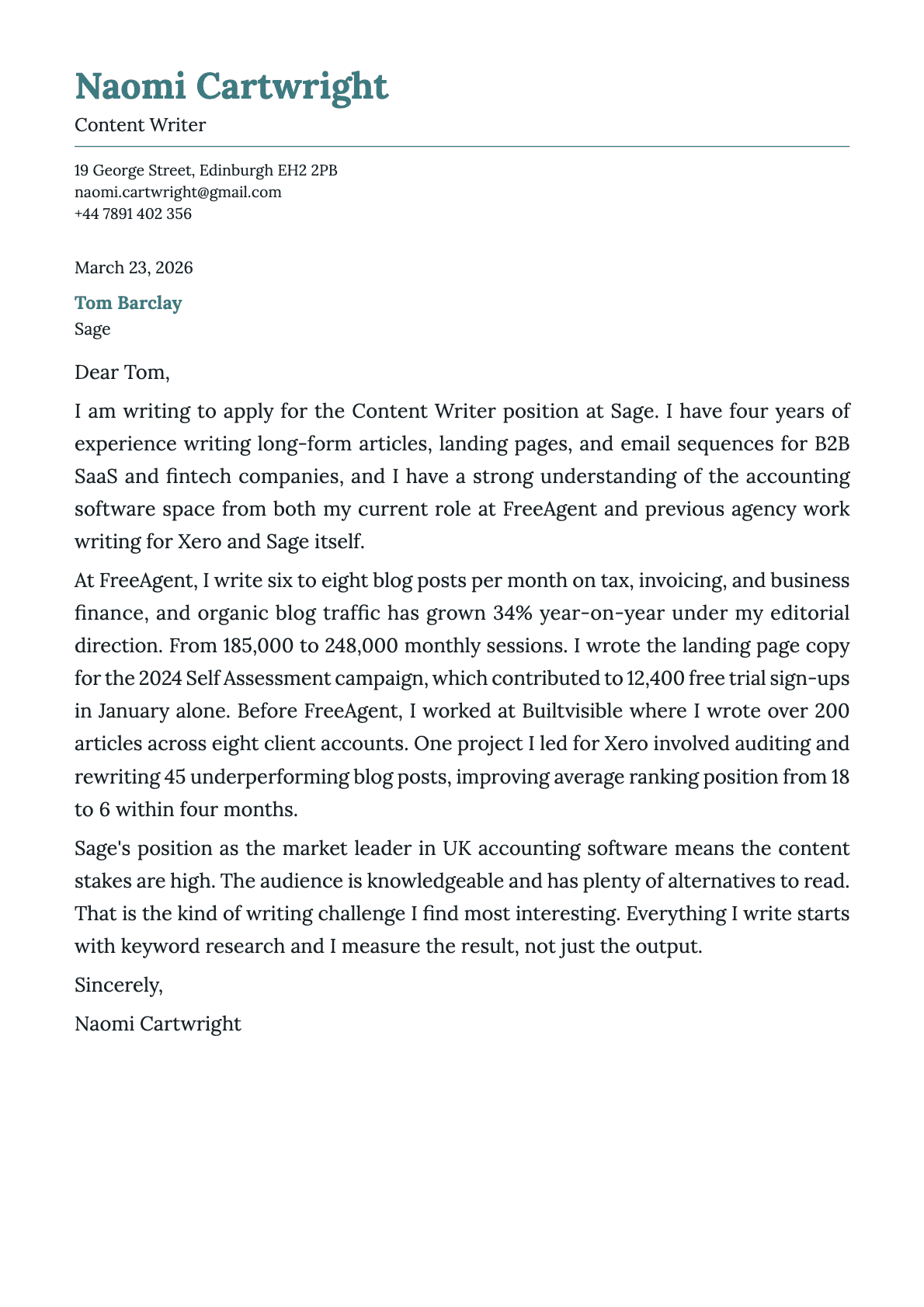 Content Writer cover letter example