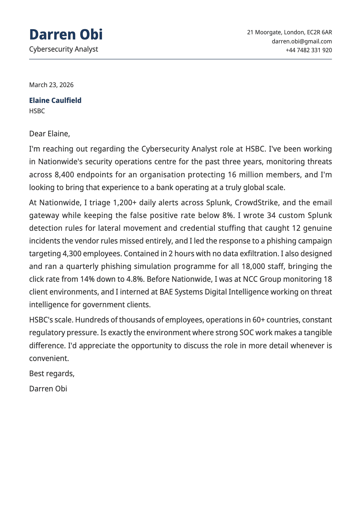Cybersecurity Analyst cover letter example