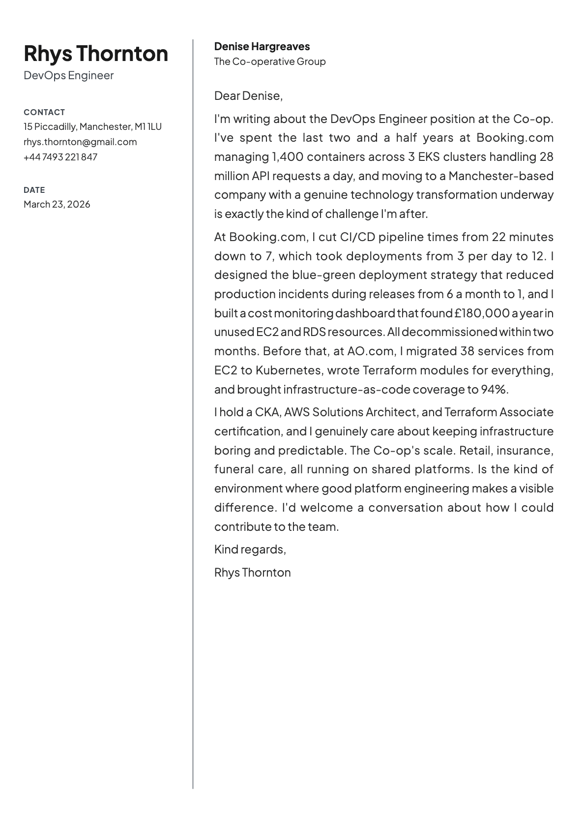 DevOps Engineer cover letter example