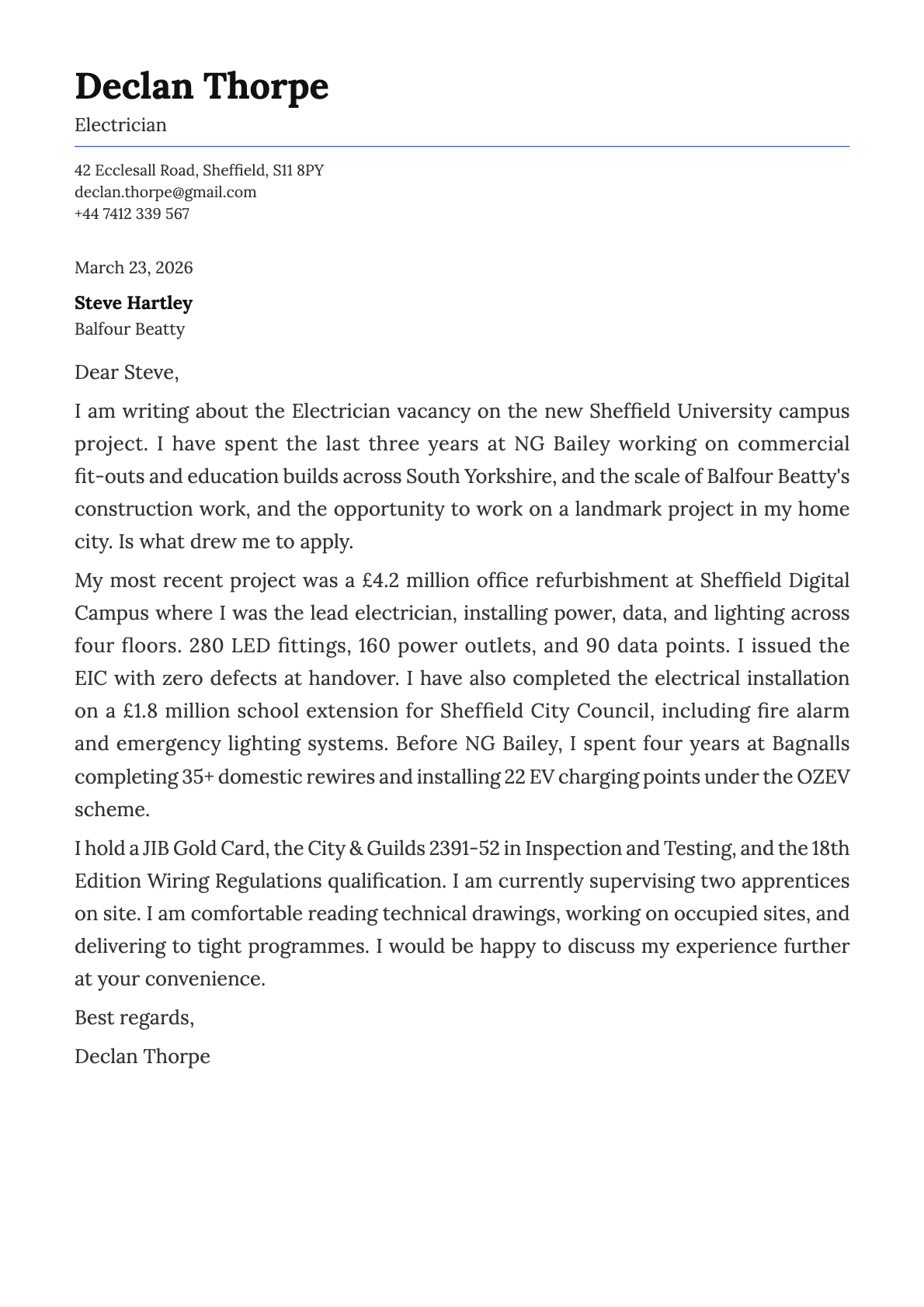 Electrician cover letter example