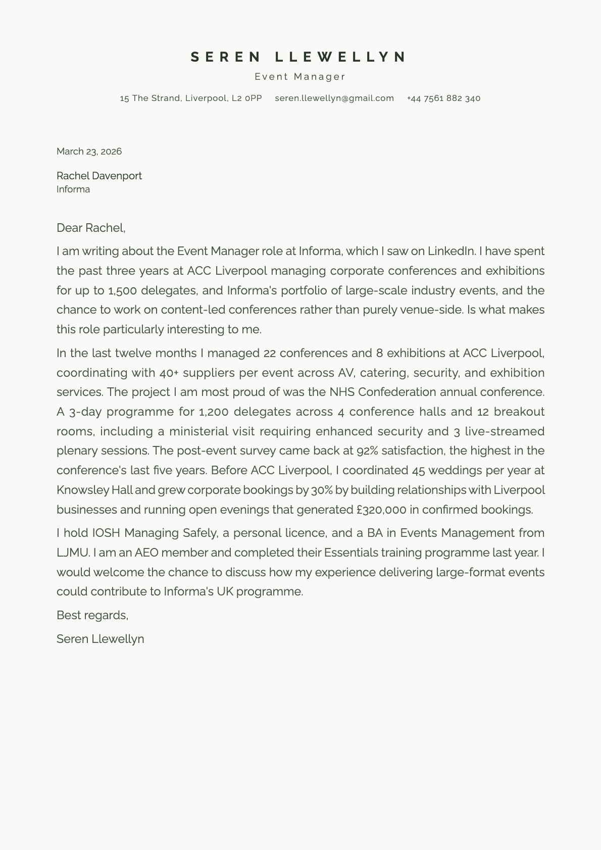 Event Manager cover letter example