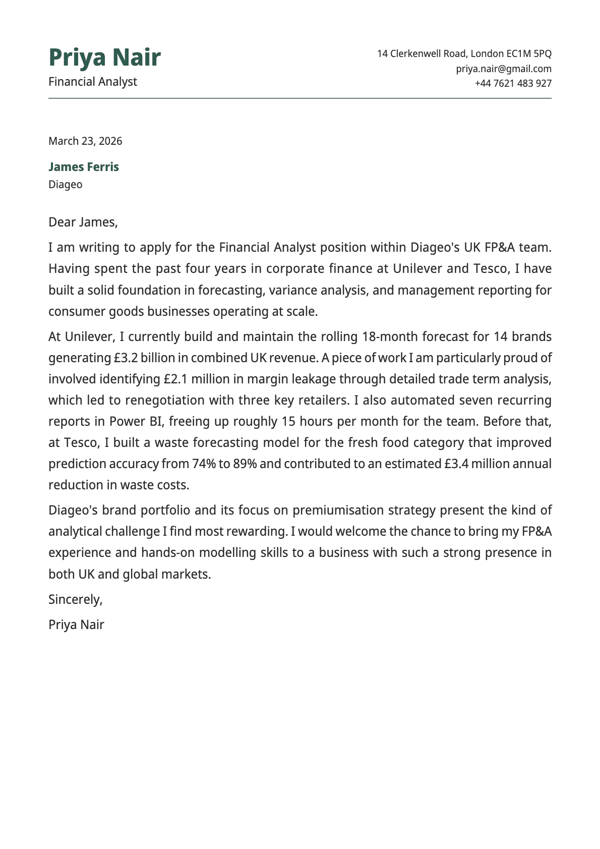 Financial Analyst cover letter example