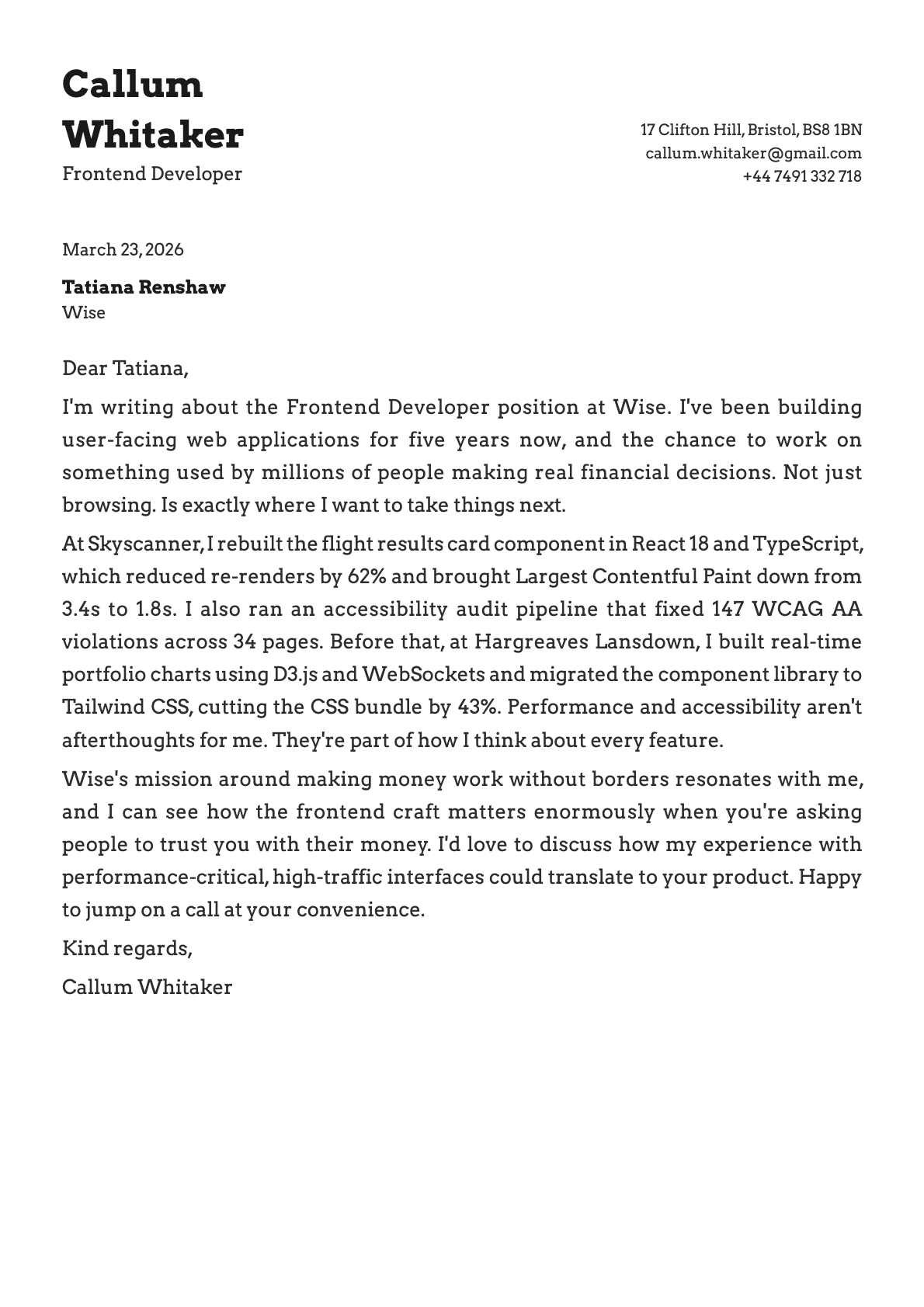 Frontend Developer cover letter example