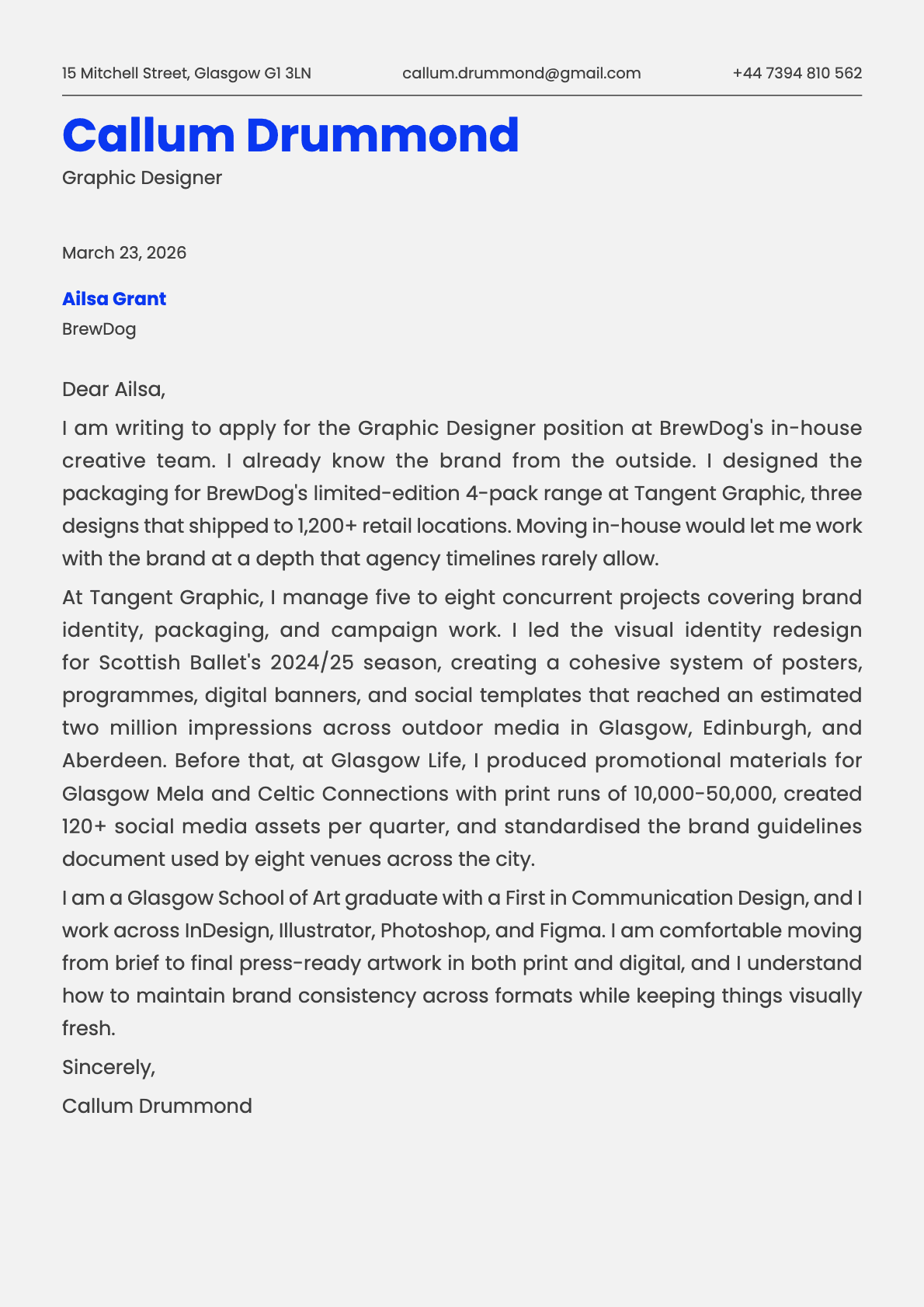 Graphic Designer cover letter example