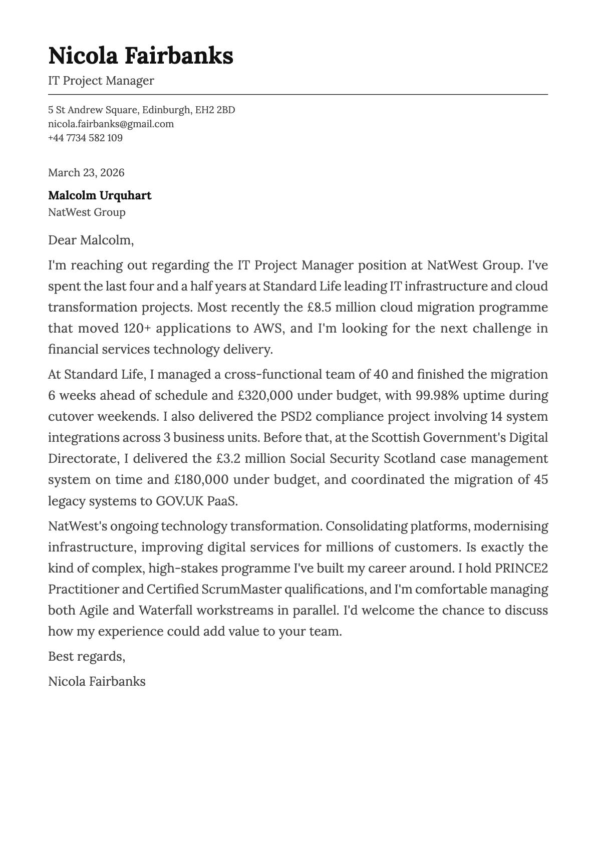 IT Project Manager cover letter example