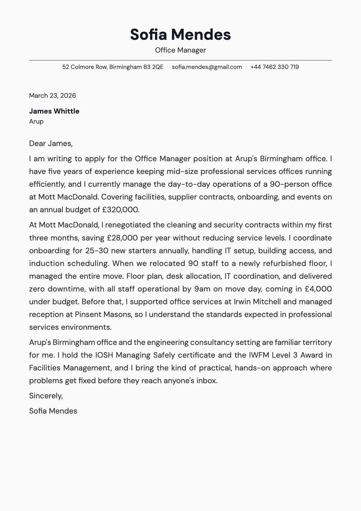 Office Manager cover letter example