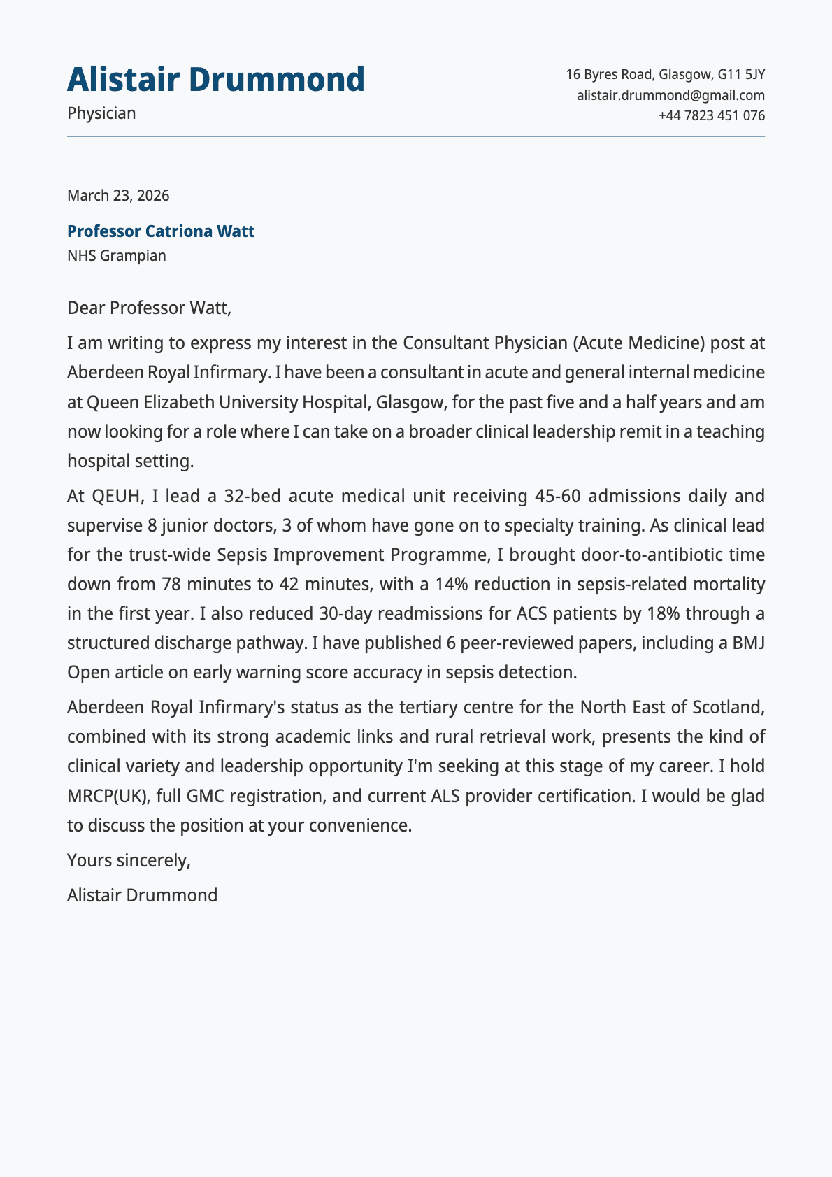 Physician cover letter example