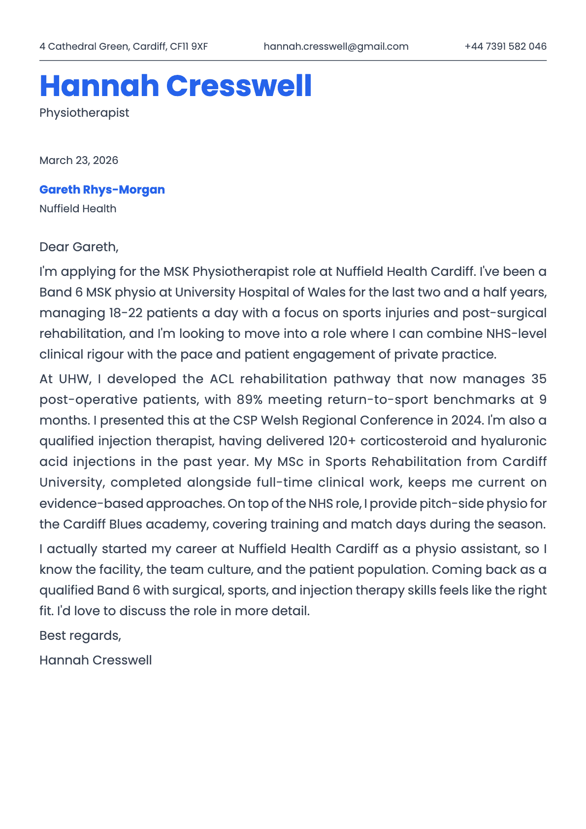 Physiotherapist cover letter example
