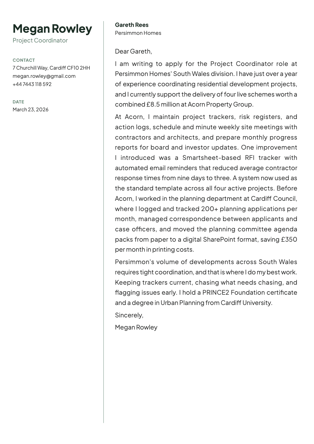 Project Coordinator cover letter example