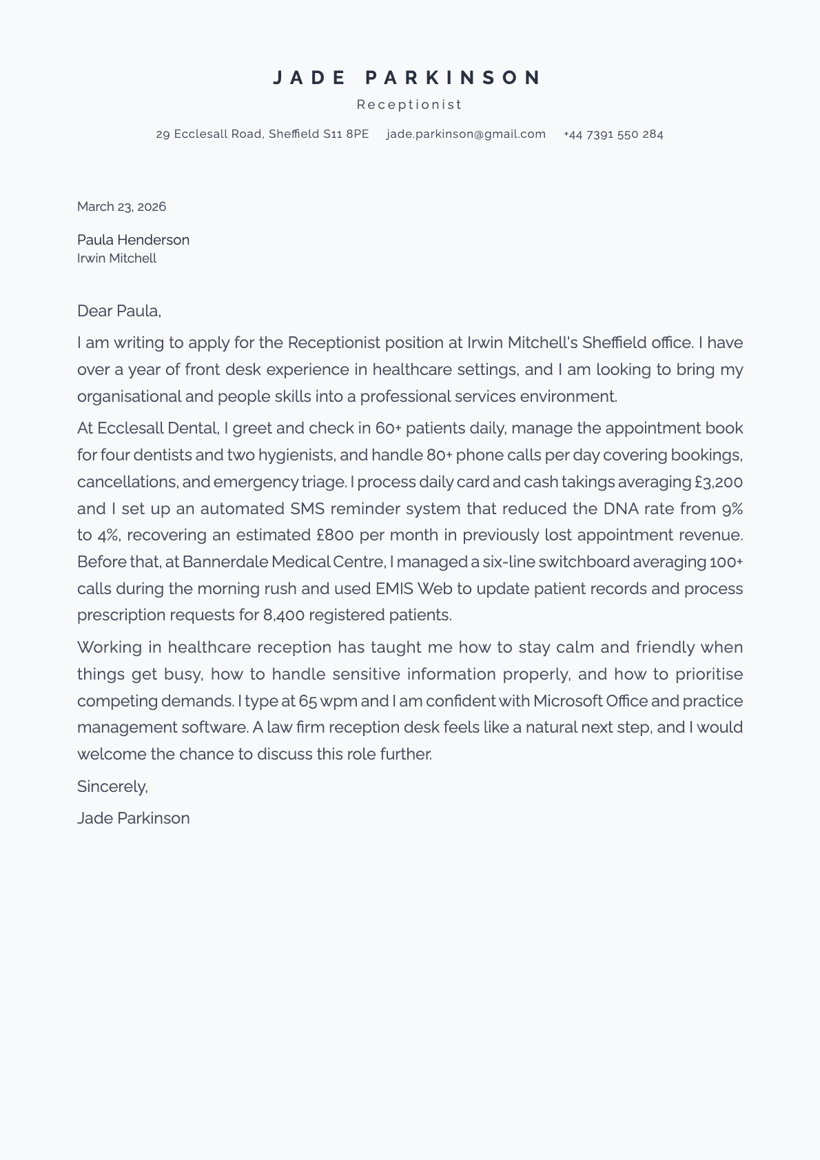 Receptionist cover letter example