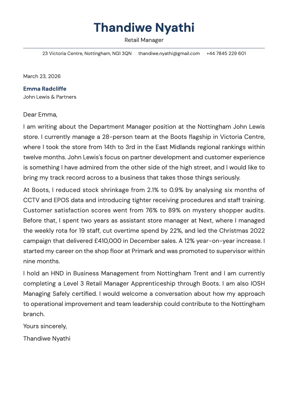 Retail Manager cover letter example
