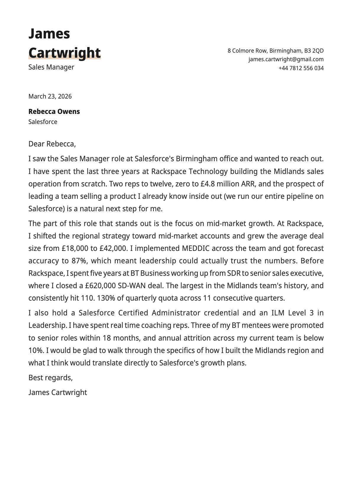 Sales Manager cover letter example