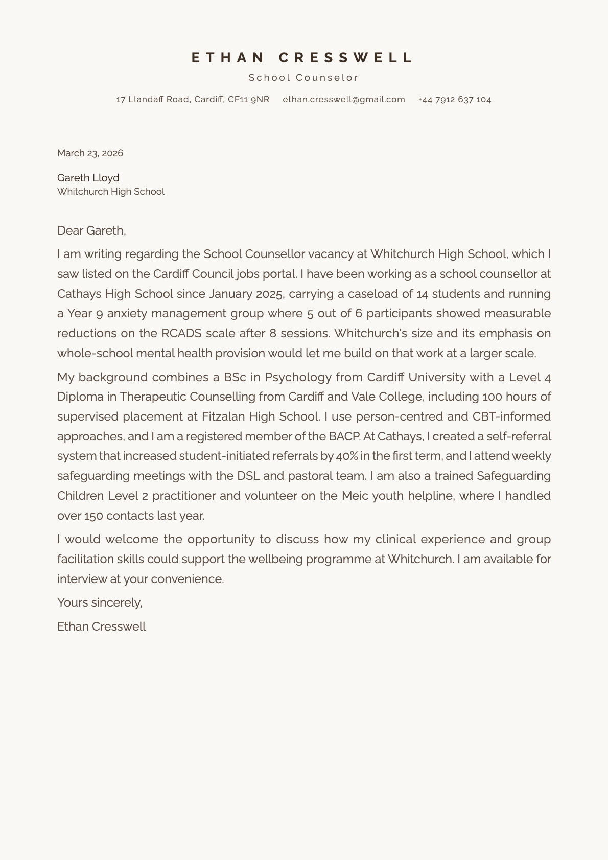 School Counselor cover letter example