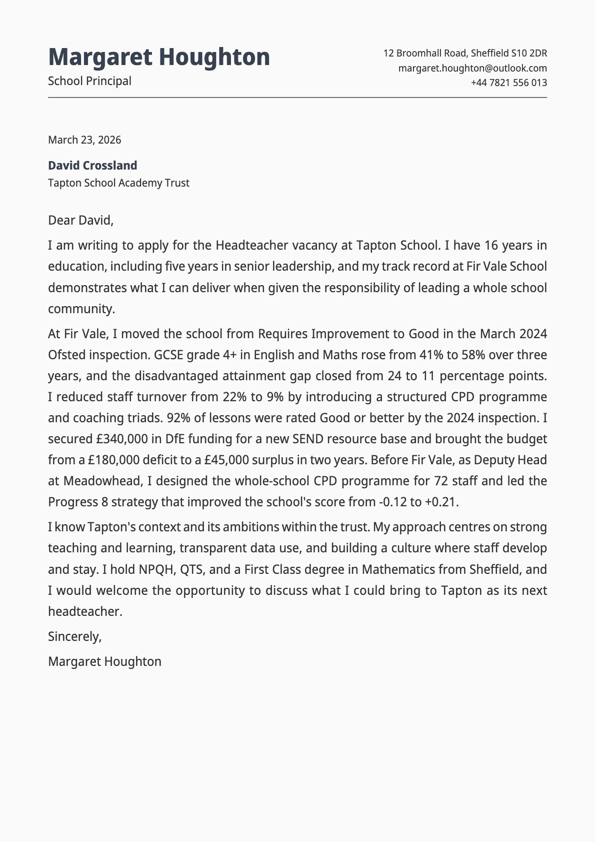School Principal cover letter example
