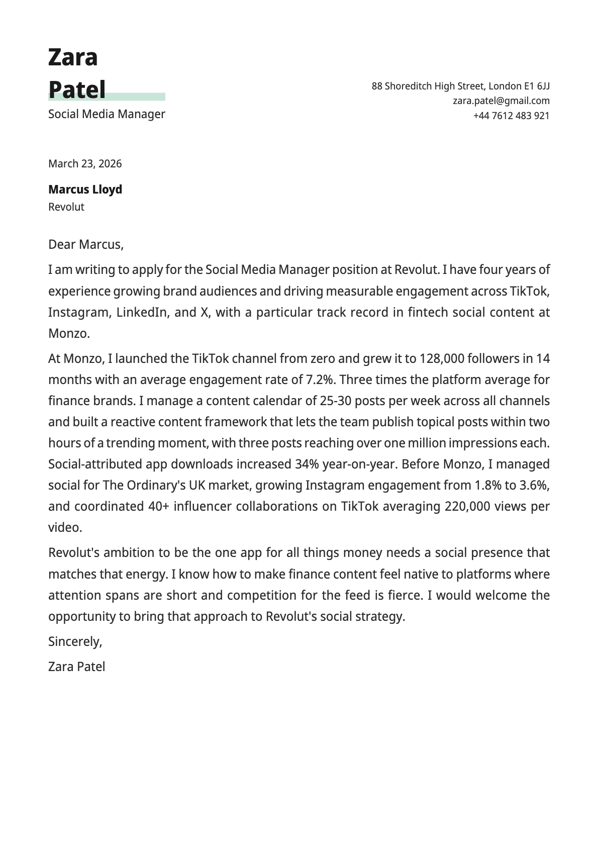 Social Media Manager cover letter example