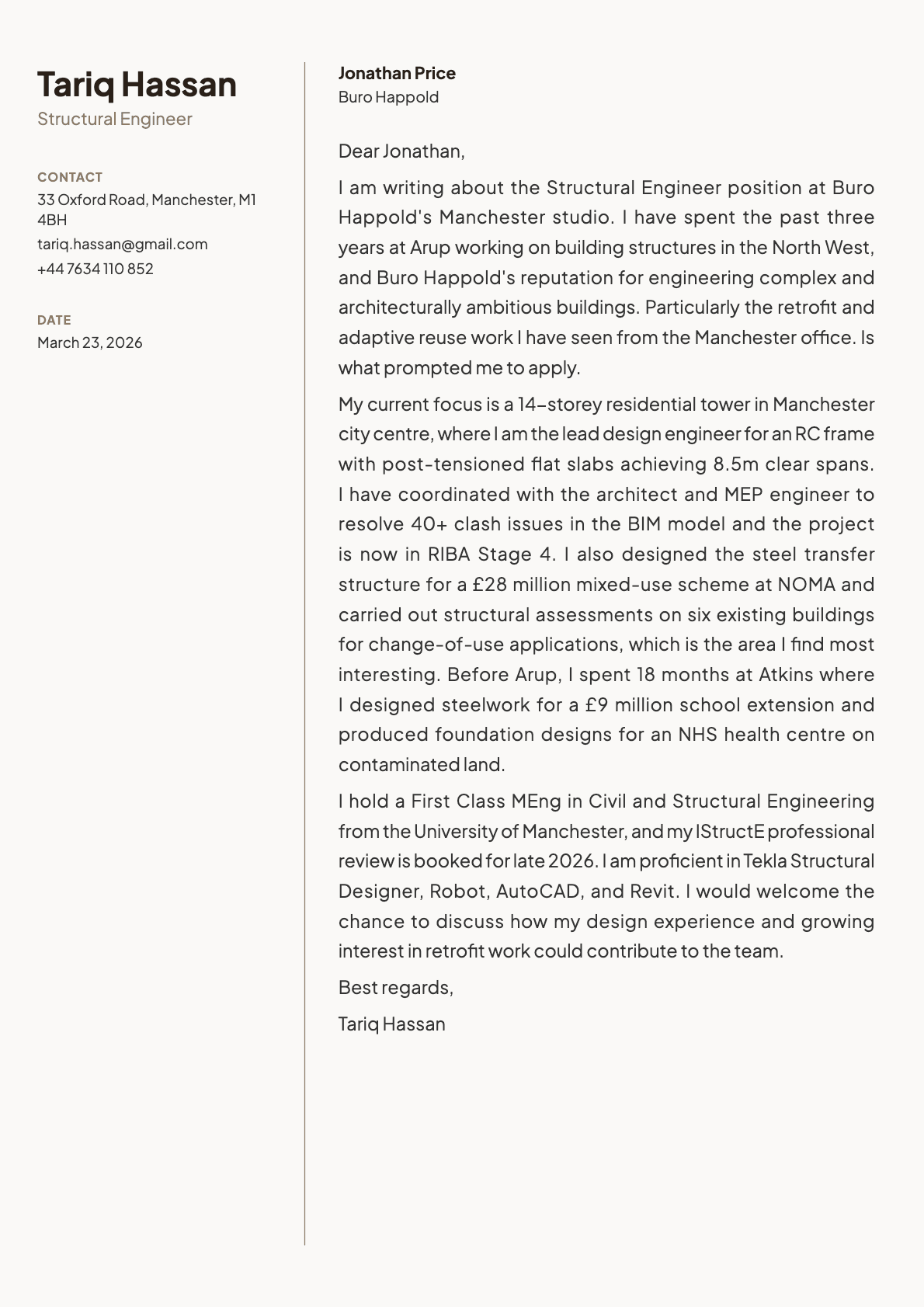 Structural Engineer cover letter example