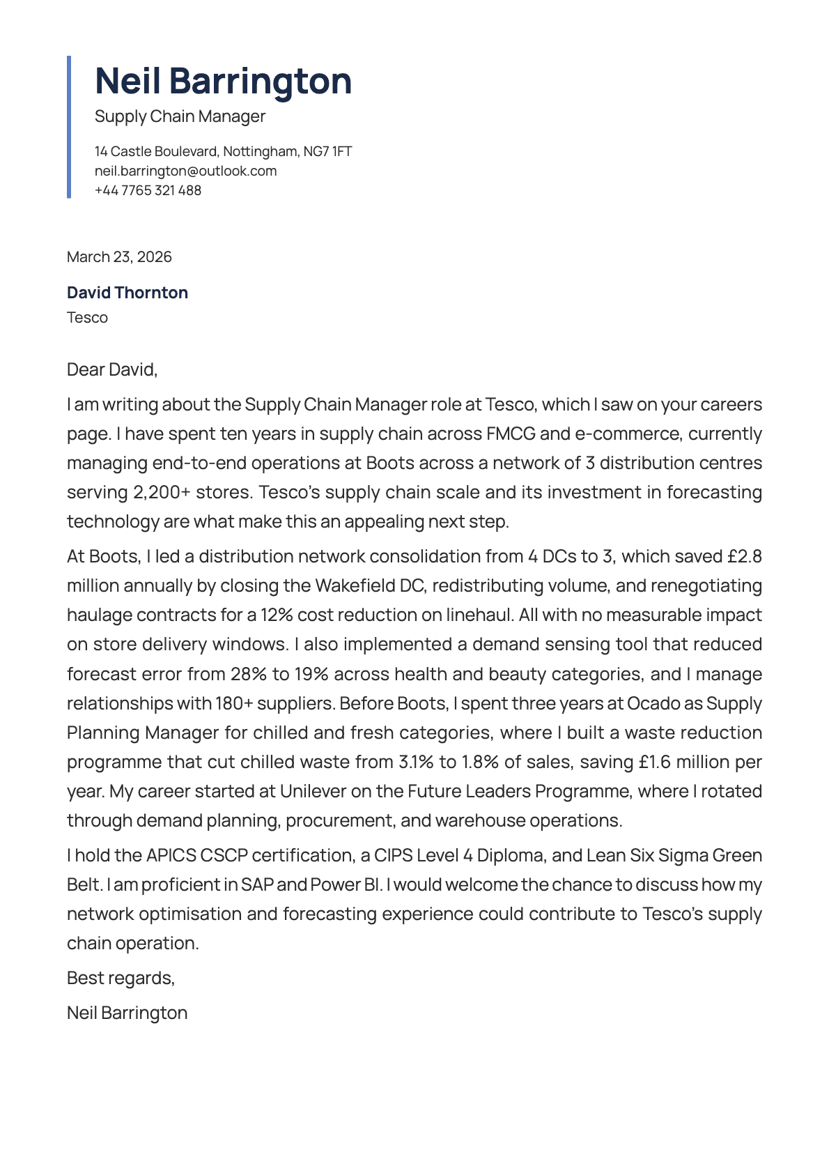 Supply Chain Manager cover letter example