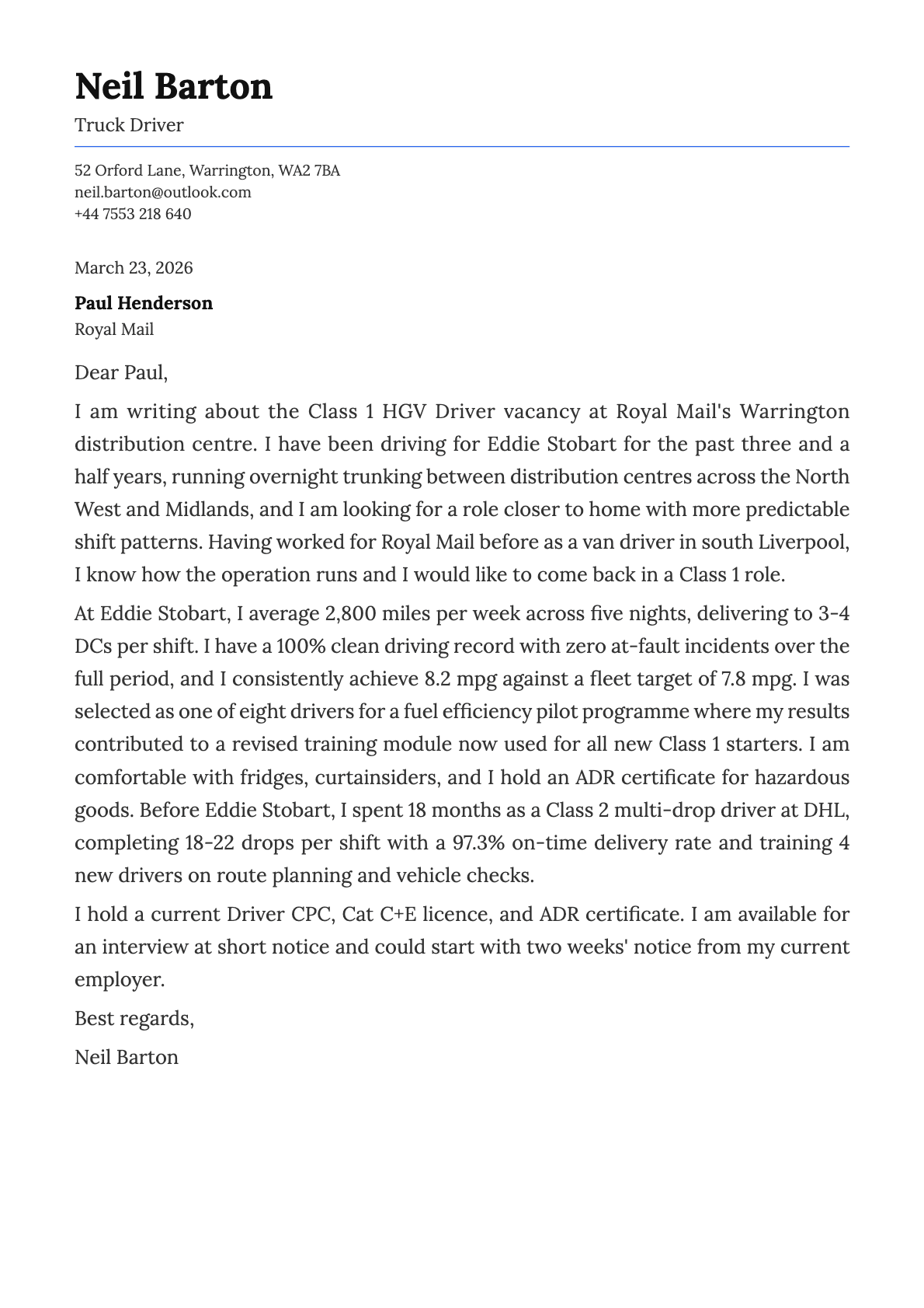 Truck Driver cover letter example