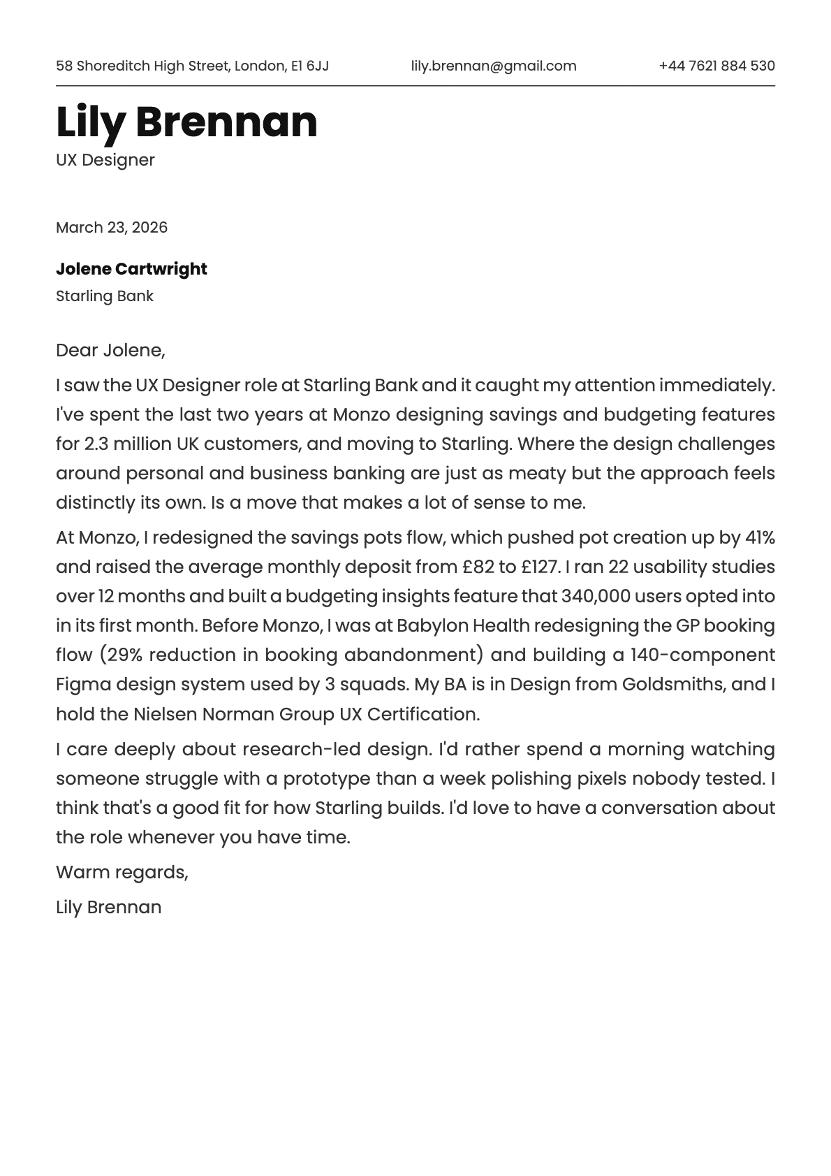 UX Designer cover letter example