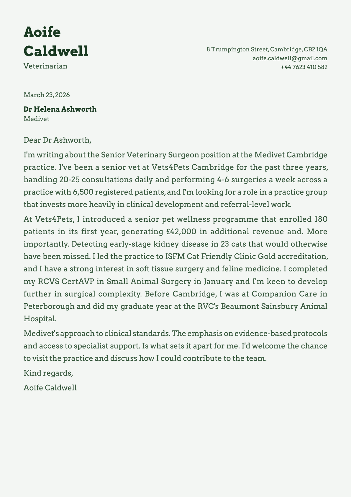 Veterinarian cover letter example