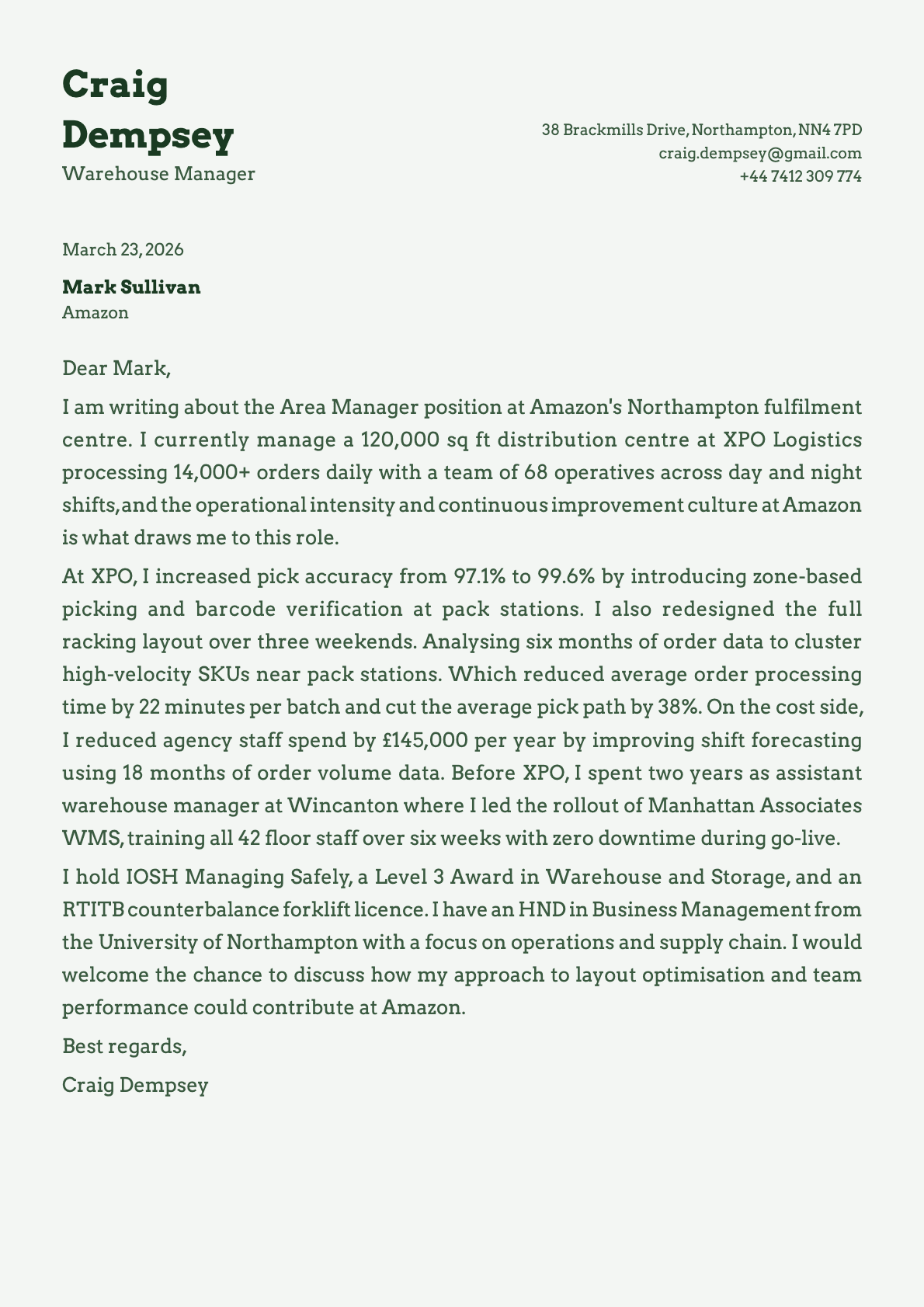 Warehouse Manager cover letter example