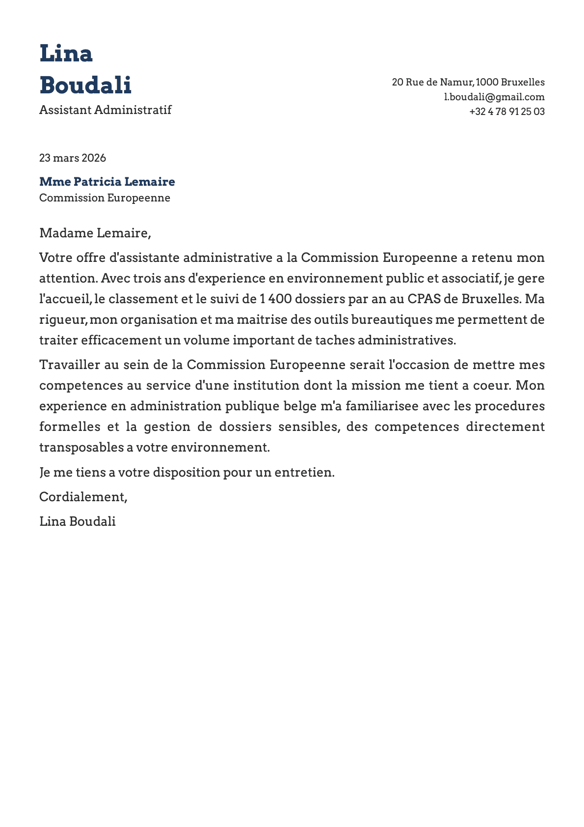 Assistant Administratif cover letter example