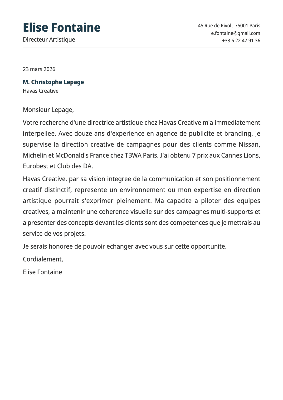 Directeur Artistique cover letter example