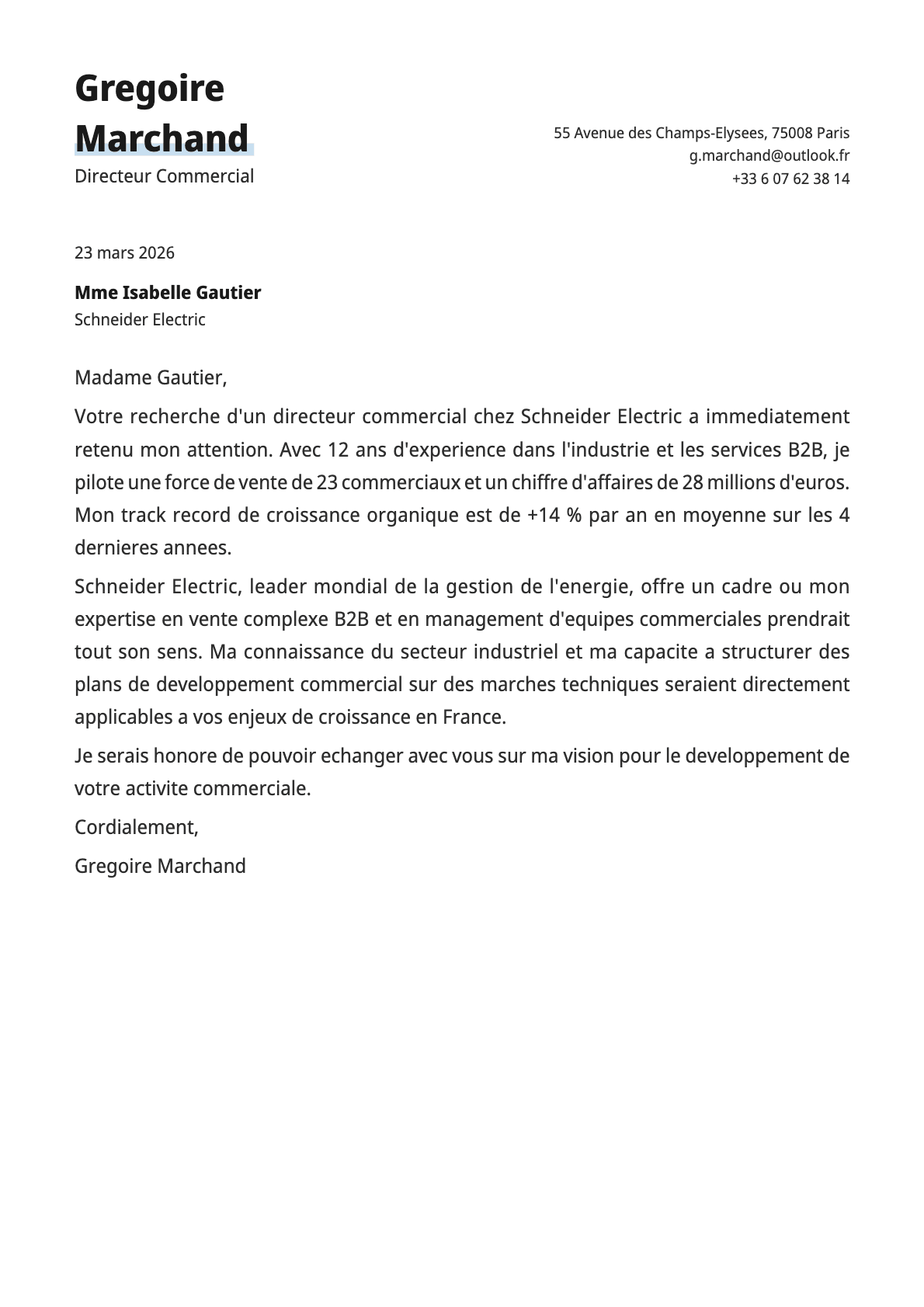 Directeur Commercial cover letter example