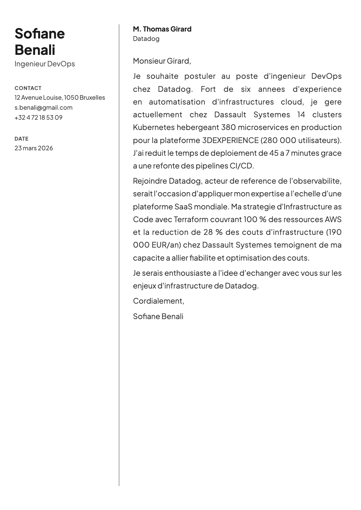 Ingenieur DevOps cover letter example