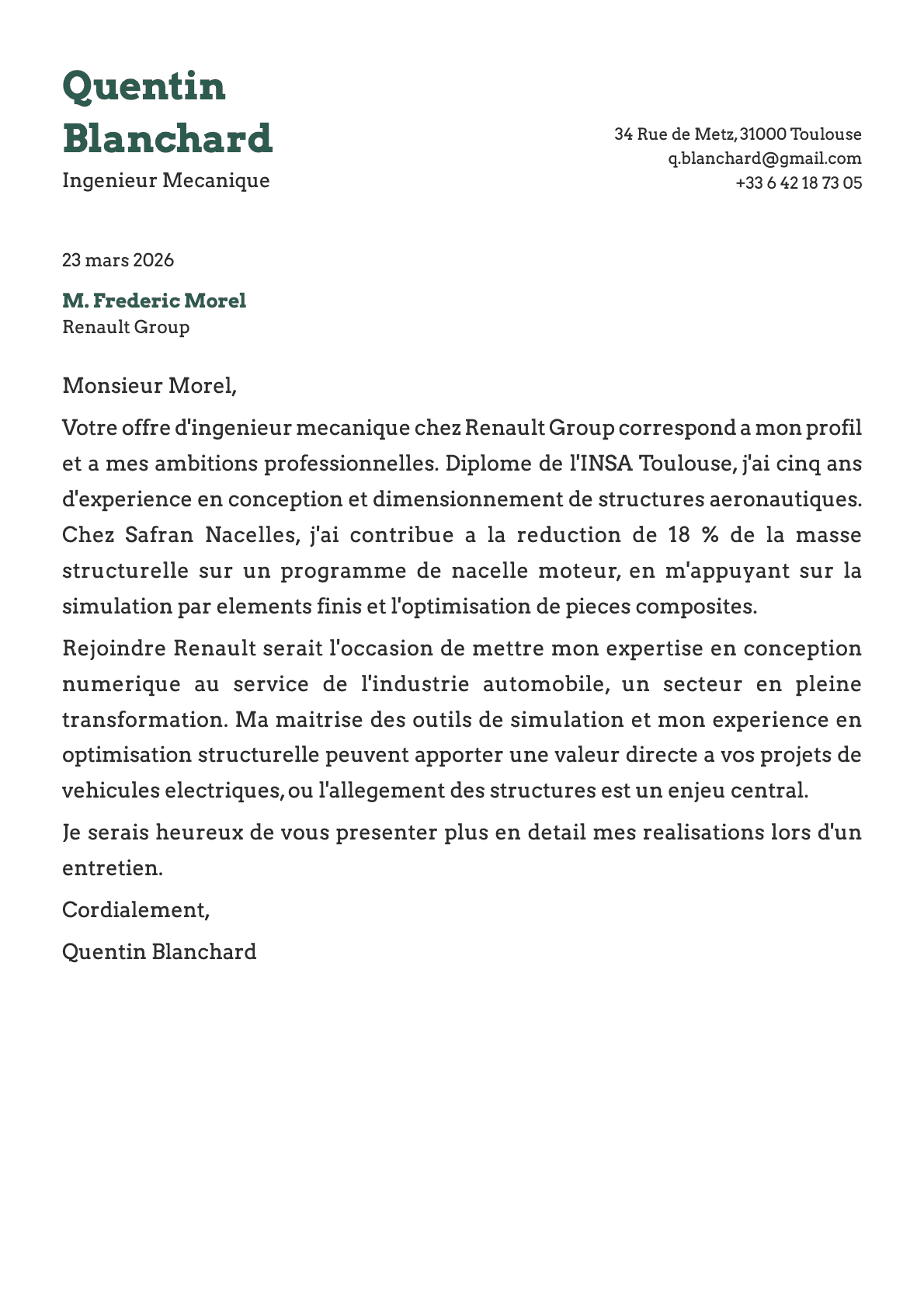 Ingenieur Mecanique cover letter example