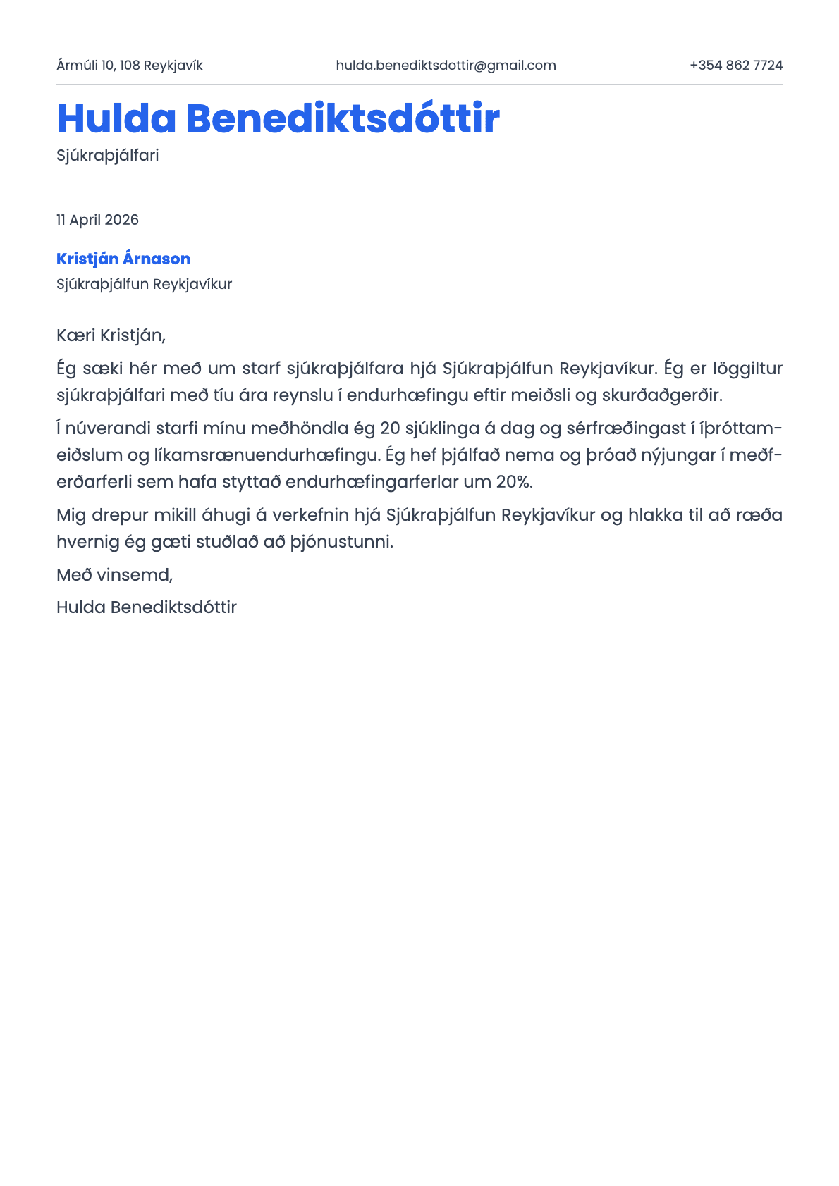 Sjúkraþjálfari cover letter example