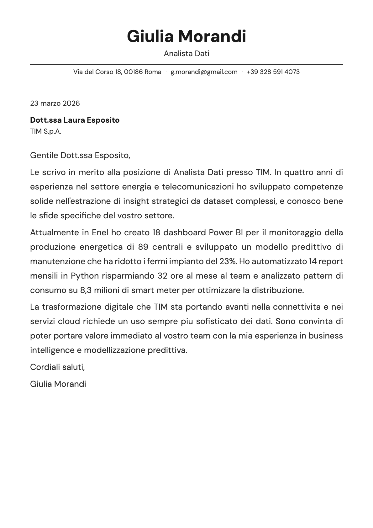 Analista Dati cover letter example